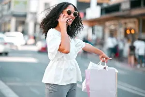 Taxi Prints: Taxi request, shopping bags and woman with phone call in the city standing in the street