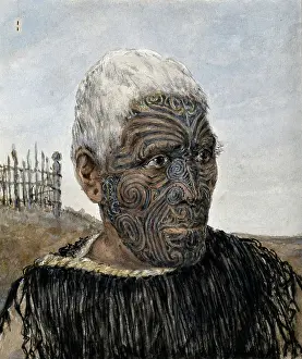 Warrior Prints: Te Manawa: an Arawa warrior. Watercolour by H.G. Robley