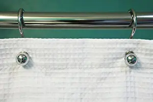 Home Prints: Teal Wall and Curtain Rod Holding White Shower Curtain