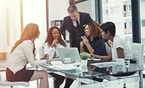 Problem Solving Prints: Team, planning and laptop with business people in meeting for advice