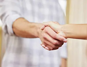 Networking Prints: Teamwork, interview or business people shaking hands in startup