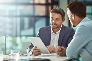 Sales Prints: Teamwork meeting, tablet and business people in office workplace