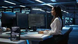 Expert Prints: Technician in data center provides technical support to users