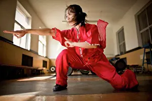 Instruction Prints: Teenage girl performing martial arts in a gym