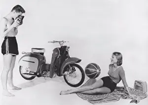 Individuality Prints: Teenagers of the 1950s. A teenage boy and girl with a brand new Monark Monarsccot model M33