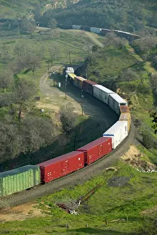 Vehicles Prints: The Tehachapi Train Loop near Tehachapi California is the historic location of the Southern Pacific Railroad where