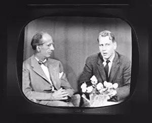 Electronics Prints: Television in the 1950s. A typical black and white tv screen photographed when a broadcast is