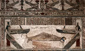 Story Prints: Temple decoration at Dendera, depicting the goddesses Isis and Nephthys watching over the corpse of Osiris