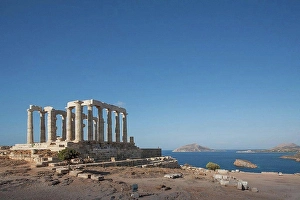 Underneath Prints: Temple of Poseidon ruins under blue sky, Cap Sunion, Greece