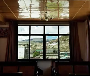 Curtain Prints: Temple viewed through the window of a dining hall, Tibet