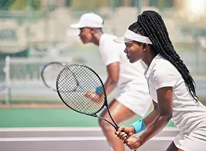 Attractive Prints: Tennis, team sport and black woman with partner on court for fitness