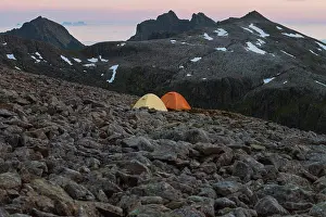 Ten T Prints: Tents on rocky summit of Støvla mountain peak, Moskenesøy, Lofoten Islands, Norway