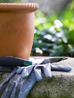 Planting Prints: Terracotta pot, spade and garden gloves ready for gardening