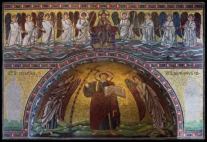 Angel Prints: Tesserae of colored smalt and stone apse: Christus Victor with Archangels Michael and Gabriel end wall