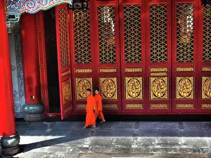 Orient Prints: Thailand, Bangkok, Monks walking at Dragon Temple one of the most favorite Temples in Bangkok