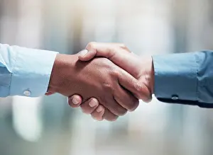 Greeting Prints: Thank you, businesspeople shaking hands and at office of their workplace together