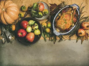 Roasted Prints: Thanksgiving dinner table. Flat-lay of roasted chicken or turkey