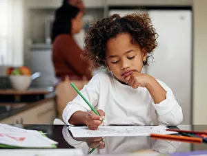 Thinking child, school learning and coloring with development and knowledge in home