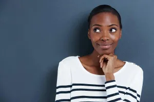 Decision Prints: Thinking, idea and black woman with mockup in studio for planning