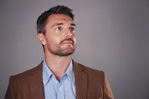 Thoughtful Prints: Thinking, idea and business man on gray background for problem solving
