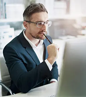 Case Prints: Thinking, monitor and businessman face by desk with corporate ideas for company vision