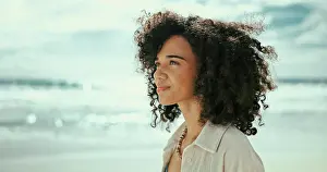 Dreaming Prints: Thinking, reflection or woman at ocean for holiday