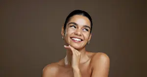 Contemplating Prints: Thinking, woman and happy with skincare