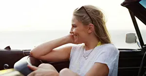 Vision Prints: Thinking, woman and relax in car for road trip reflection