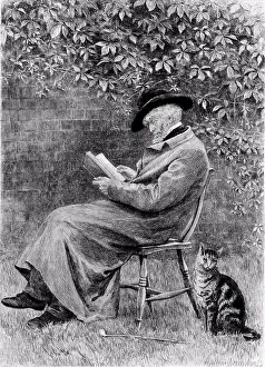 Smoking Prints: Thomas Carlyle (1795-1881) Scottish-born British historian and essayist reading in his garden in Chelsea