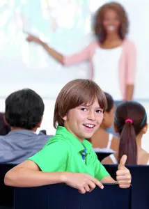 Global Prints: Thumbs up, teaching and child portrait for happy learning