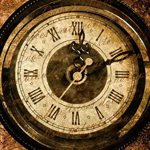 Sepia Prints: Time concept - vintage clock face with grunge texture and lod text