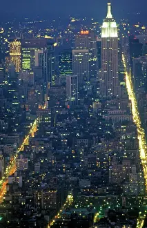 New York City Prints: Time exposure shot of Manhattan at night from above, New York City, NY