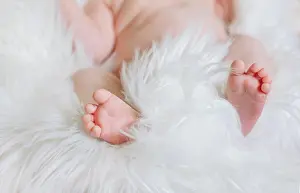Maternity Prints: Tiny baby infant newborn feet toes at white fur fluffy blanket