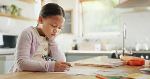 Exhausted Prints: Tired, yawn and child with homework in kitchen