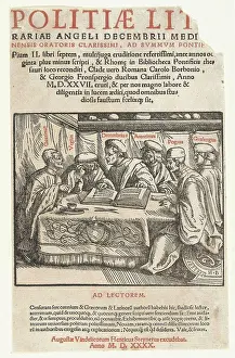 Talk Prints: Title print six scholars sitting around a table and text in letterpress