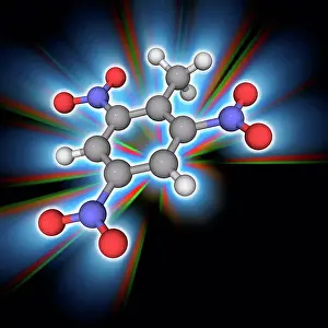 Matter Prints: TNT. Molecular model of the organic compound and explosive trinitrotoluene (TNT)