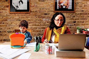 Brickwall Prints: Toddler boy learning from mother working from home