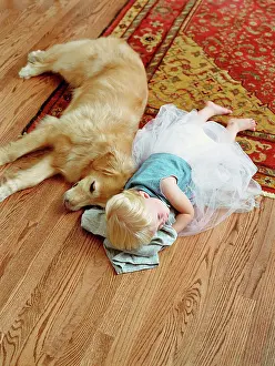 Fondness Prints: Toddler girl laying on floor with dog