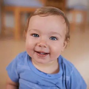 Child Development Prints: Toddler, smile and portrait of baby in home for fun playing