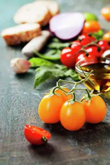 Ingredient Prints: Tomato and basil sandwiches with ingredients - Italian, Vegetarian or Healthy food concept