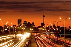 Streak Prints: Toronto skyline and QEW highway with morning traffic, Toronto, Ontario, Canada