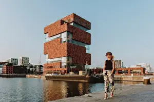 Flanders Prints: Tourist woman walking at the Willem Dock Marina, Antwerp, Flanders