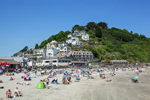 Large Group Of People Prints: Tourists on the beach, Looe Beach, Looe, Cornwall, England