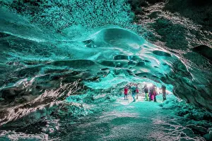 Tours Prints: Tourists in The Crystal Cave, Breidamerkurjokull Glacier