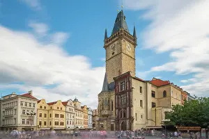 Czech Republic Prints: Tourists in motion at Old Town Hall Tower at Old Town Square