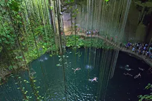 Large Group Prints: Tourists swimming in Ikil cenote on Yukatan peninsula in Mexico
