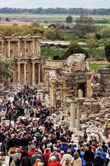 Large Group Prints: Tourists walking among the ruins and Celsus Library; Ephesus, Izmir, Turkey