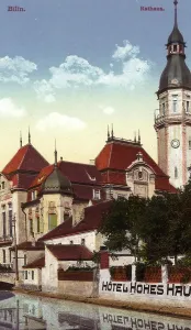 Town Hall Prints: Town hall (Bílina), Water reflections of buildings in the Czech Republic