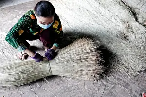 Traditional bamboo and hemp mat factory. Woman at work. Tan Chau. Vietnam
