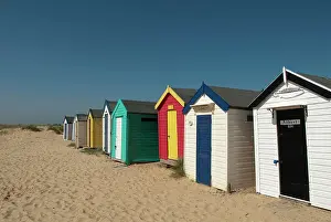 Doors Prints: Traditional beach huts in the sand dunes at Southwold, Suffolk, UK